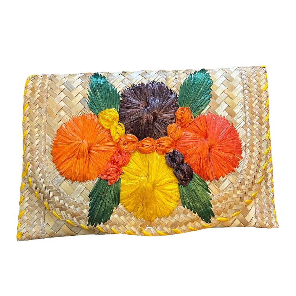 Vintage Woven Straw Raffia Envelope Clutch Tropical Floral Boho Island Purse